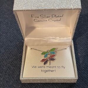Silver Plated Dragonfly Necklace with Multicolor Crystals